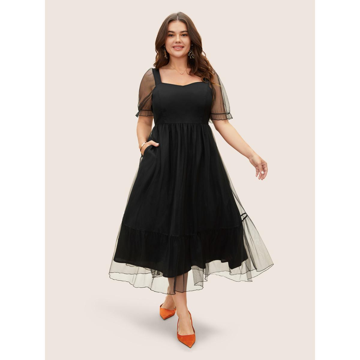 Plus Size Heart Neckline Patchwork Mesh Elastic Waist Dress Black Women Elegant See through Heart neckline Short sleeve Curvy BloomChic 12/L Product Image
