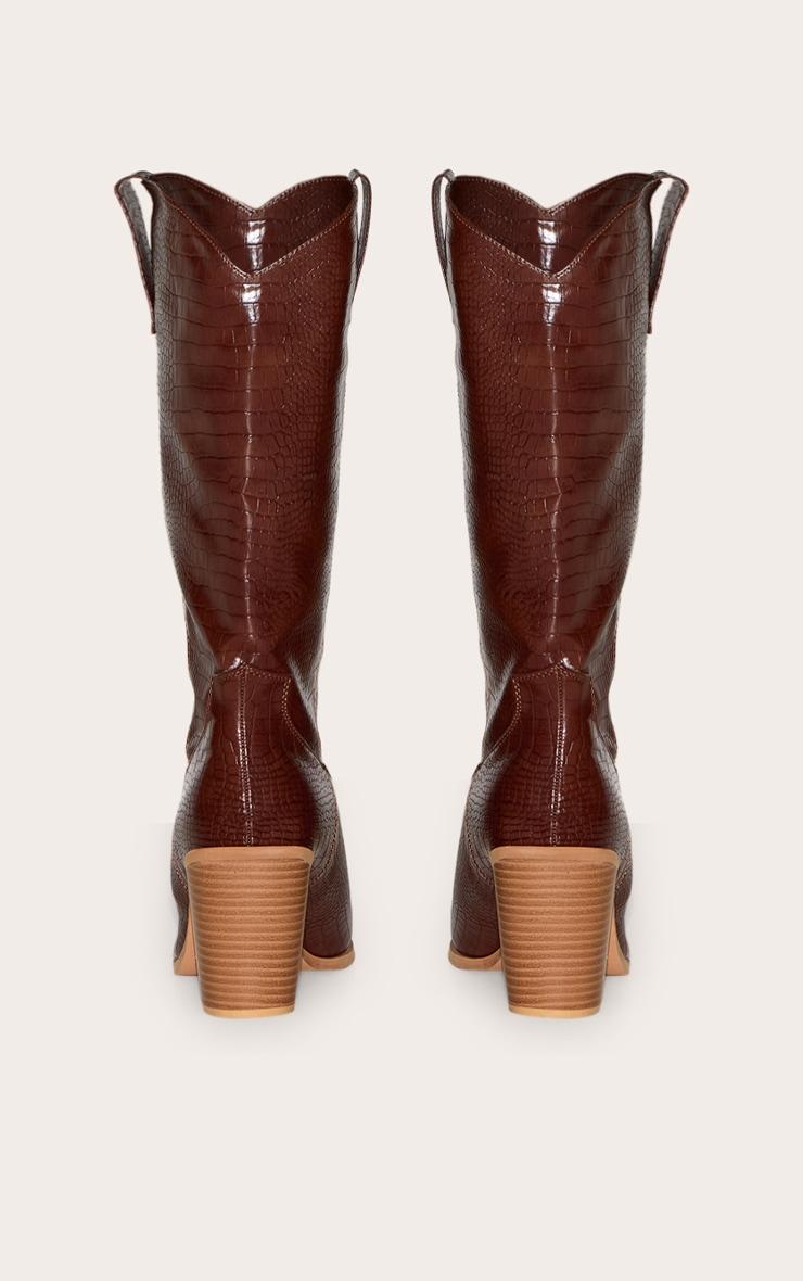 Brown PU Wide Fit Croc Point Toe Knee High Western Boots Product Image