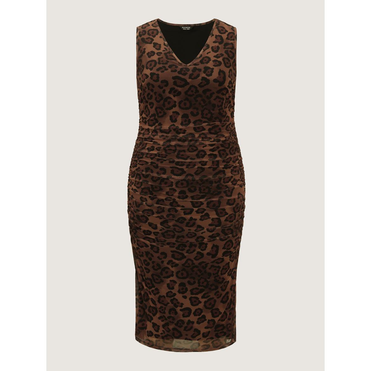 Plus Size Leopard Print Ruched Sleeveless Dress Leopard Women Romantic Asymmetrical Neck Sleeveless Curvy BloomChic 12/L Product Image