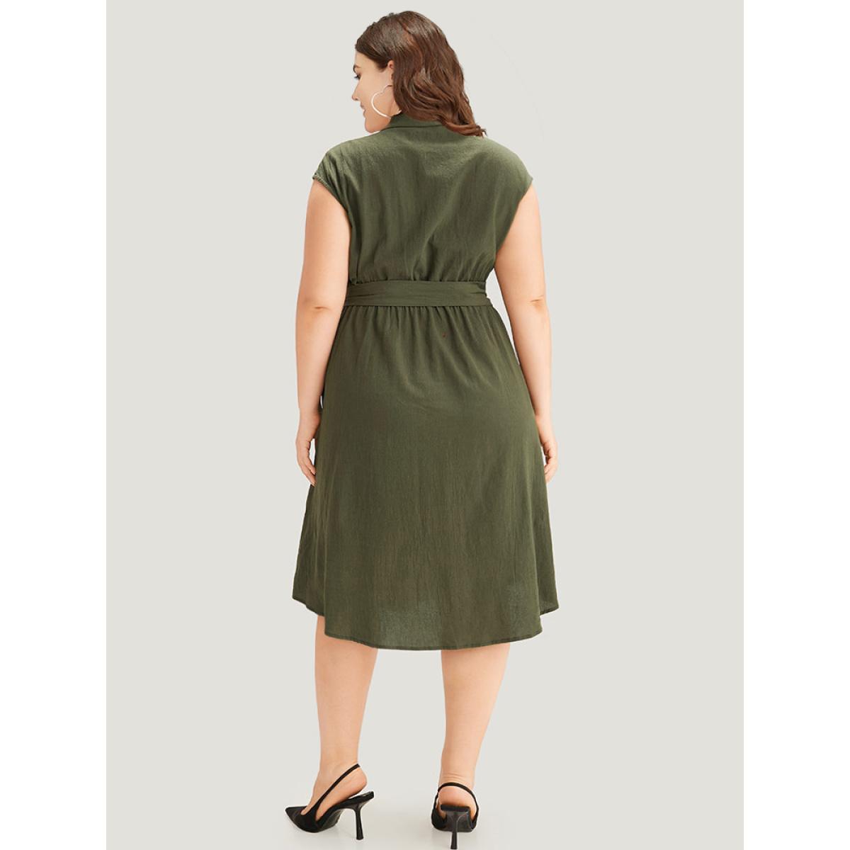 Plus Size Solid Shirt Collar Belted Button Up Tank Dress ArmyGreen Women Office Plain Shirt collar Sleeveless Curvy Knee Dress BloomChic 26/4X Product Image
