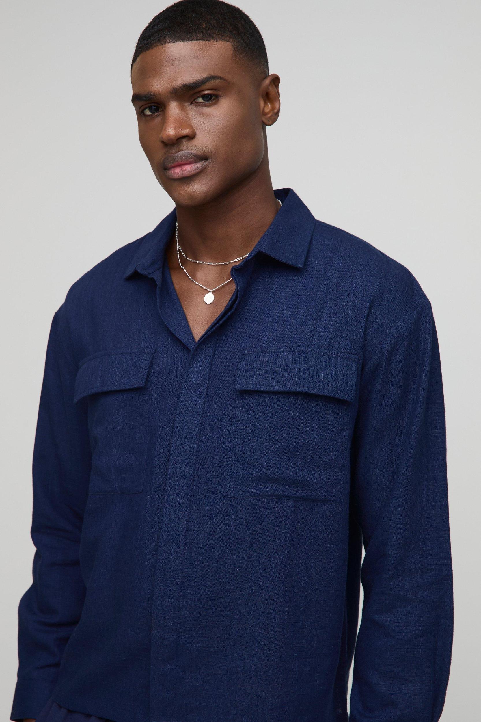Heavyweight Linen Blend Regular Concealed Placket Cargo Shirt Jacket | boohooMAN USA Product Image