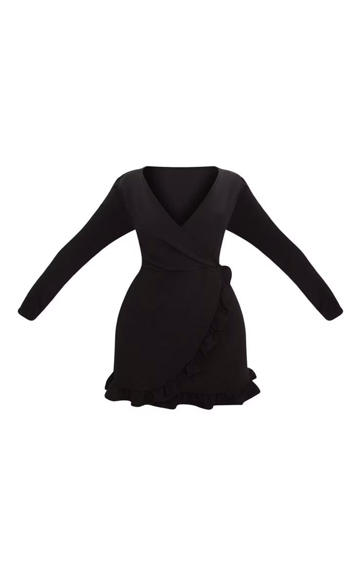 Plus Black Long Sleeve Ruffle Wrap Dress Product Image
