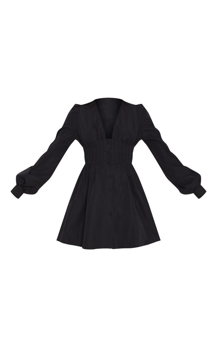 Black Button Front Fitted Puff Sleeve Skater Dress Product Image