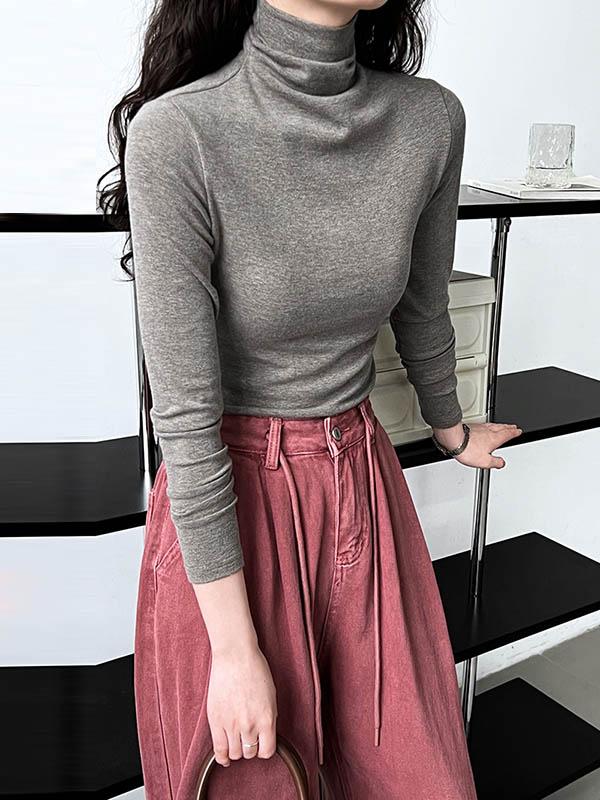 Long Sleeves Skinny Solid Color Split-Joint High Neck T-Shirts Product Image