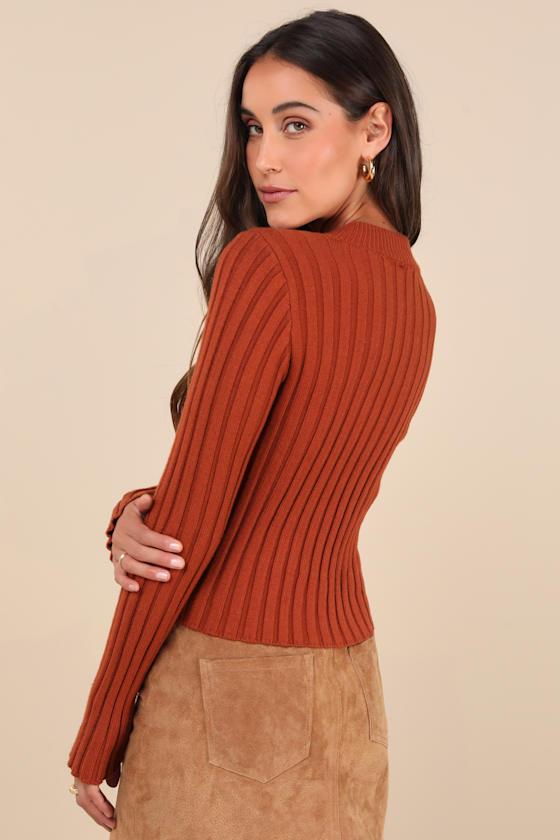 Snuggly Expression Rust Orange Ribbed Mock Neck Sweater Top Product Image