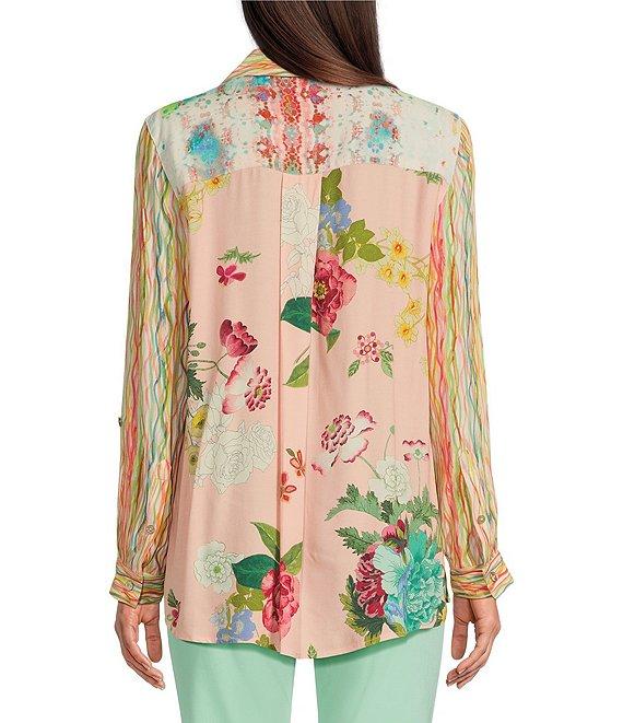 John Mark Embroidered Mixed Print Point Collar 3/4 Roll-Tab Sleeve Button Front Tunic Product Image