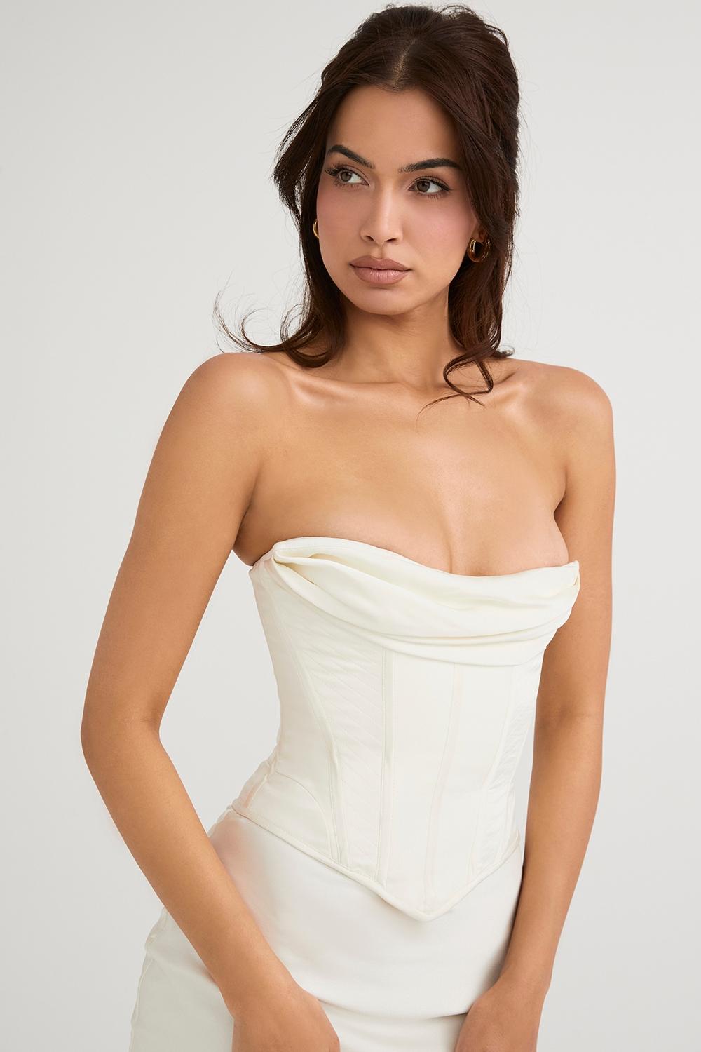 Sienna  ivory satin strapless corset midi dress Product Image