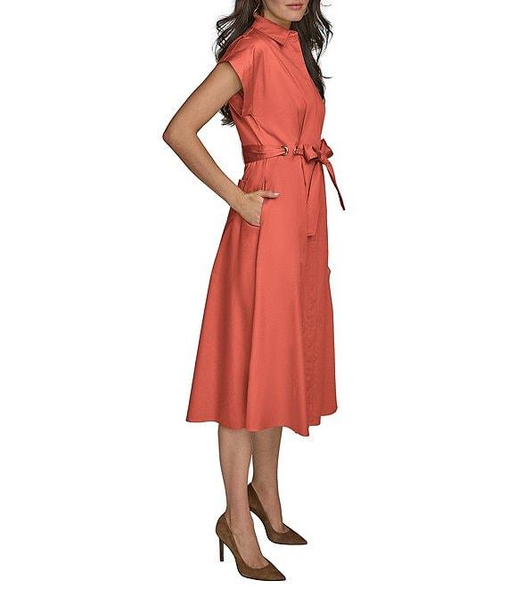 Donna Karan Cotton Sateen Collared Neck Short Sleeve Tie Sash Belt Midi Shirt Dress Product Image
