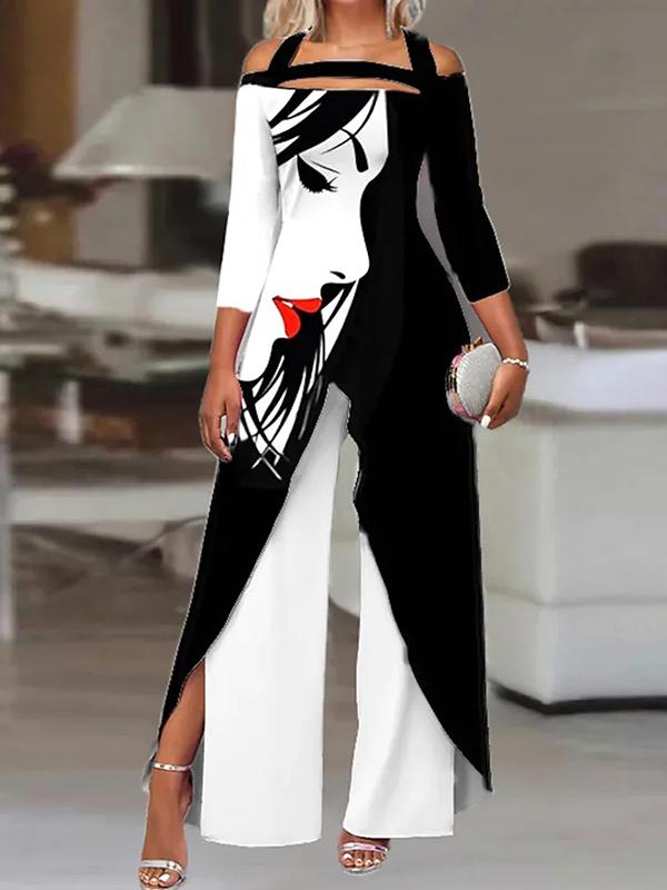 Irregular Clipping Three-Quarter Sleeves Figure Printed Cold Shoulder Blouses&Shirts Tops Product Image