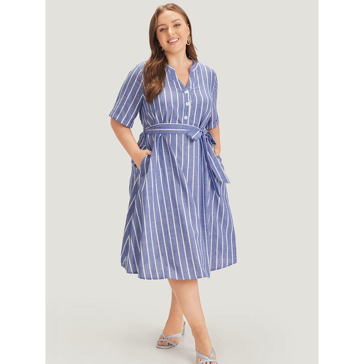Plus Size Striped Print Belt Pocket Notched Button Up Dress Blue Women Office Cross straps Notched collar Short sleeve Curvy Midi Dress BloomChic 22-24/3X Product Image