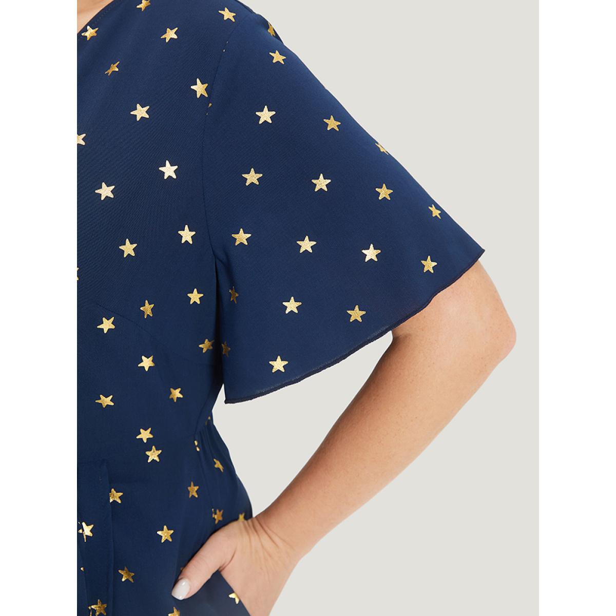 Plus Size Star Wrap Ties Pocket Ruffle Sleeve Dress Indigo Women Party Wrap Overlap Collar Sleeveless Curvy Midi Dress BloomChic 28/5X Product Image