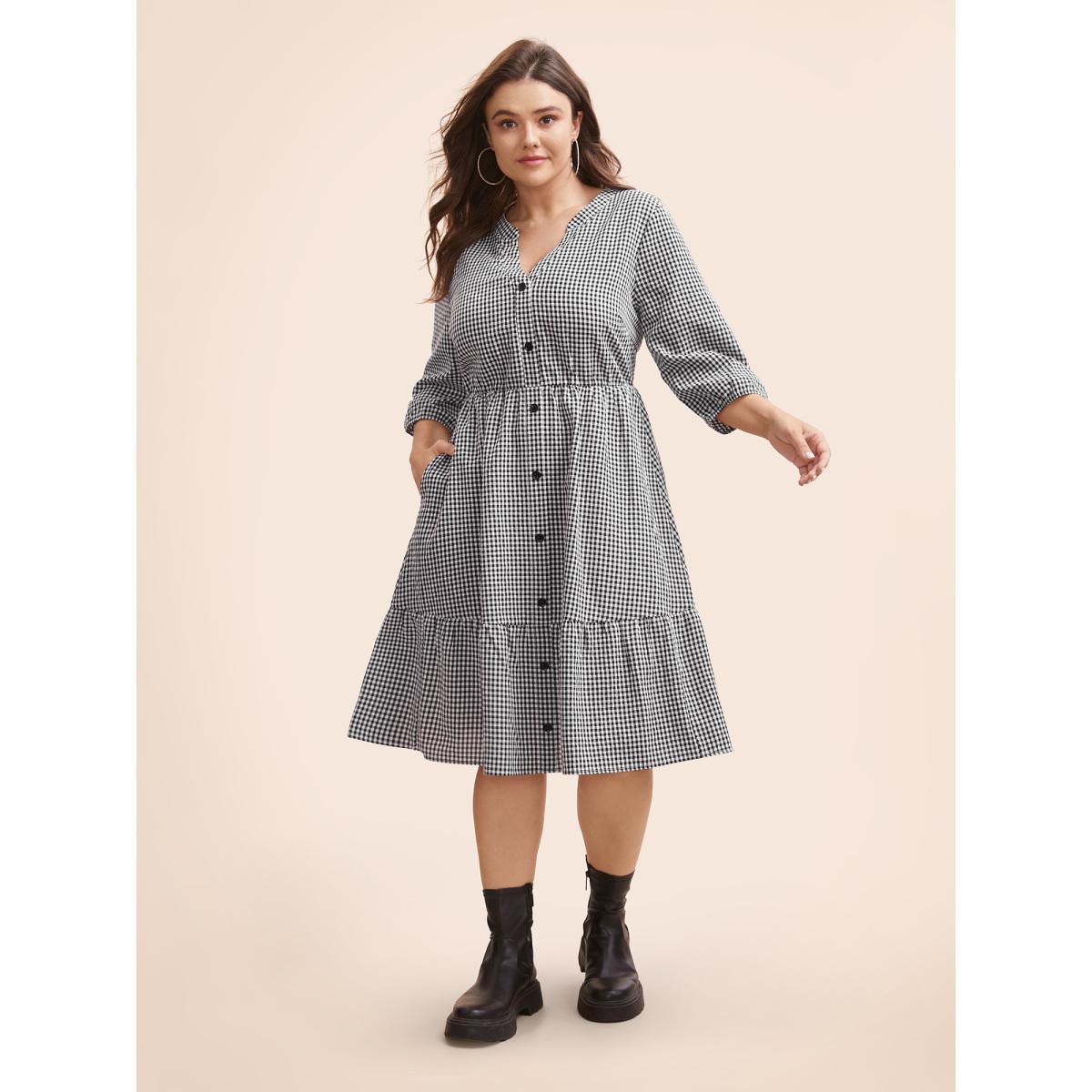 Plus Size Gingham Notched Ruffle Hem Lantern Sleeve Dress Black Women Casual Button Notched collar Elbow-length sleeve Curvy BloomChic 26/4X Product Image