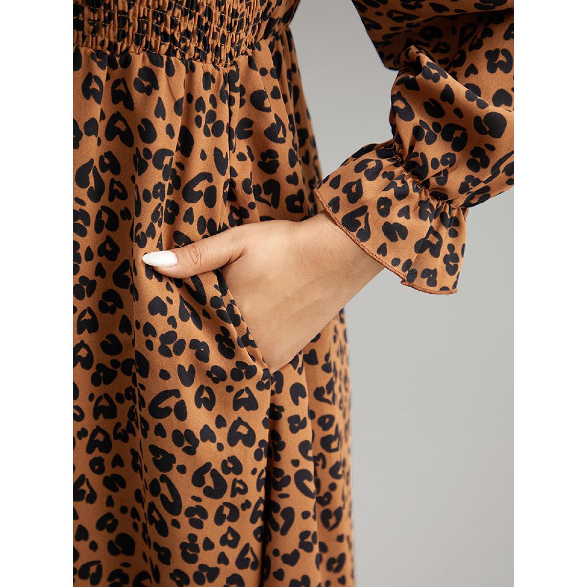 Plus Size Leopard Print Shirred Square Neck Pocket Dress Rust Women Casual Printed Square Neck Long Sleeve Curvy Midi Dress BloomChic 12/L Product Image