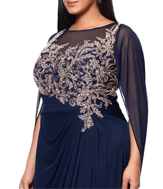 Betsy & Adam Plus Size Boat Neck Cap Sleeve Drape Back Chiffon Applique Sheath Gown Product Image