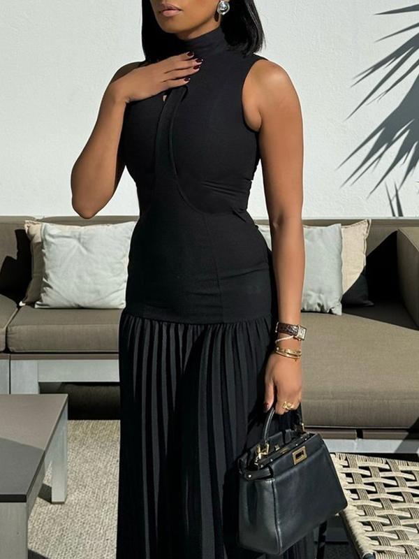 Bodycon Sleeveless Hollow Pleated Solid Color Split-Joint Mock Neck Maxi Dresses Product Image