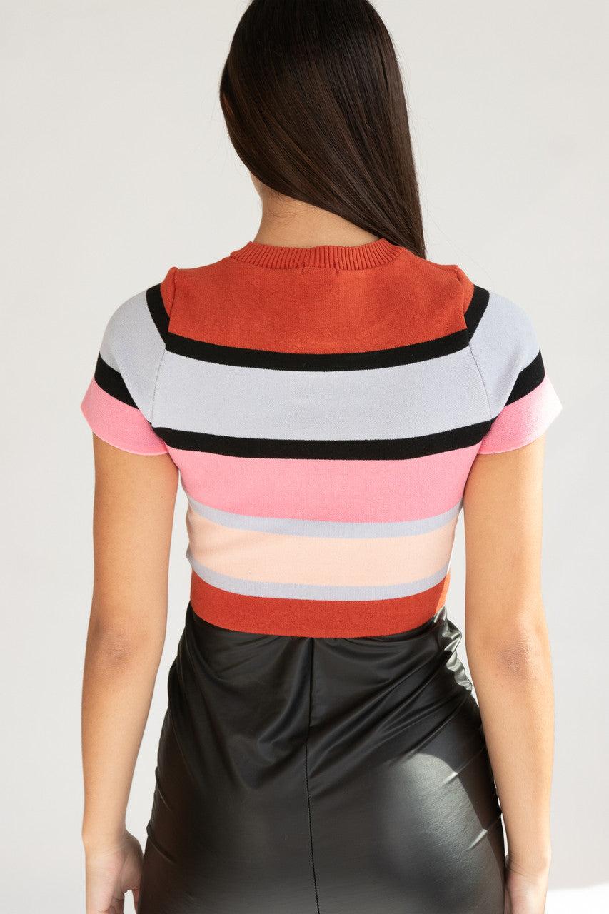 Short Sleeve Striped Teddy Bear Sweater Product Image