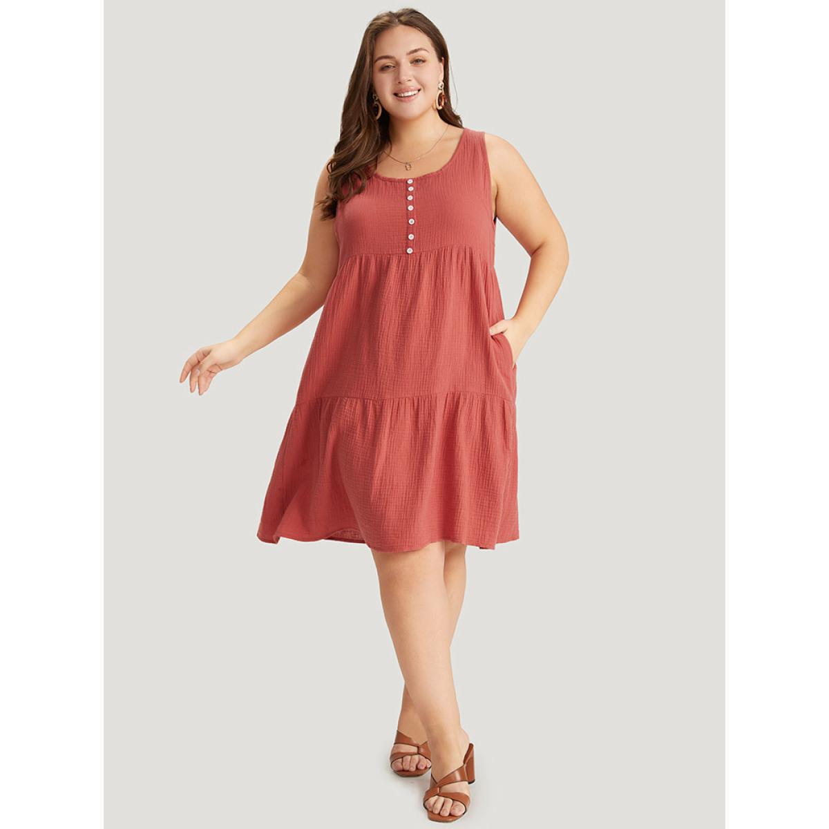 Plus Size Solid Button Detail Layered Hem Tank Dress Rust Women Vacation Button Round Neck Sleeveless Curvy Knee Dress BloomChic 12/L Product Image