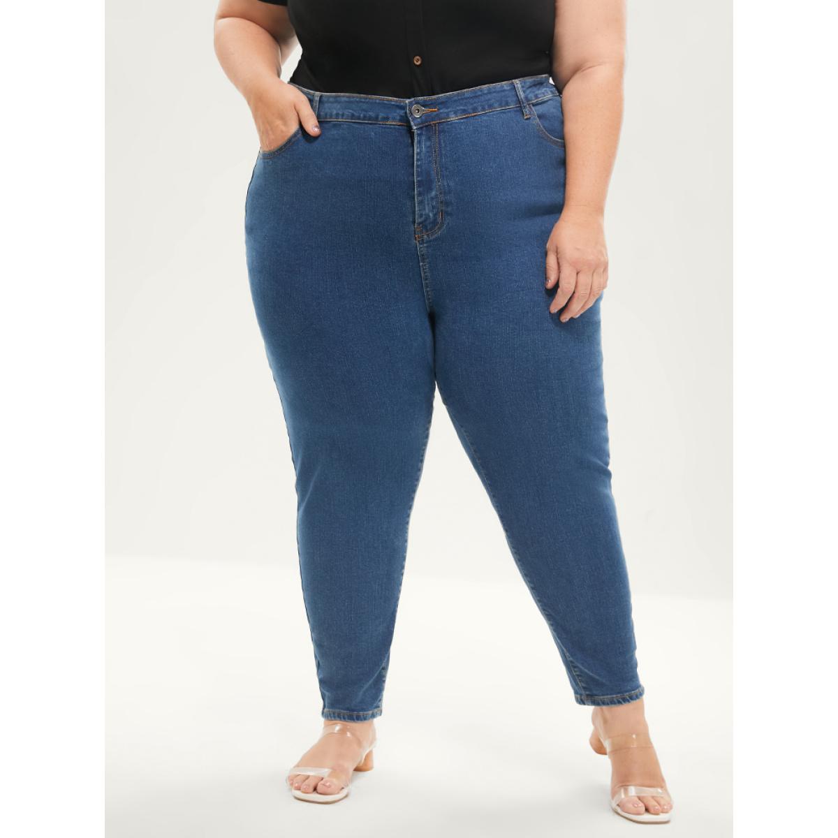 Plus Size Skinny Very Stretchy Mid Rise Medium Wash Patchwork Jeans Women Blue Casual Plain Patchwork High stretch Pocket Jeans BloomChic 16/1X Product Image