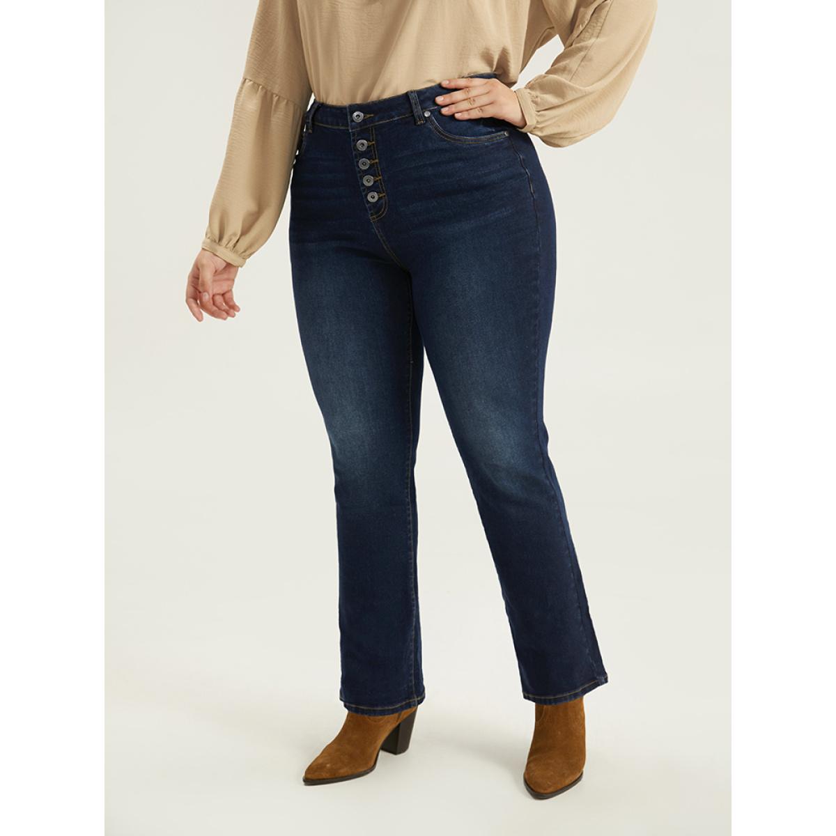 Plus Size Straight Leg Button Fly Pocket Jeans Women Indigo Casual Plain Plain High stretch Pocket Jeans BloomChic 16/1X Product Image