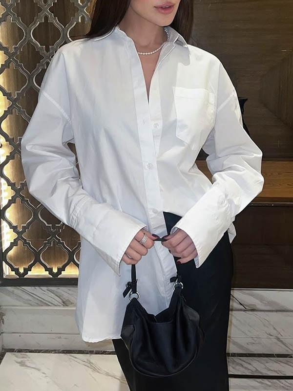 Long Sleeves Loose Buttoned Pockets Solid Color Lapel Blouses&Shirts Tops Product Image