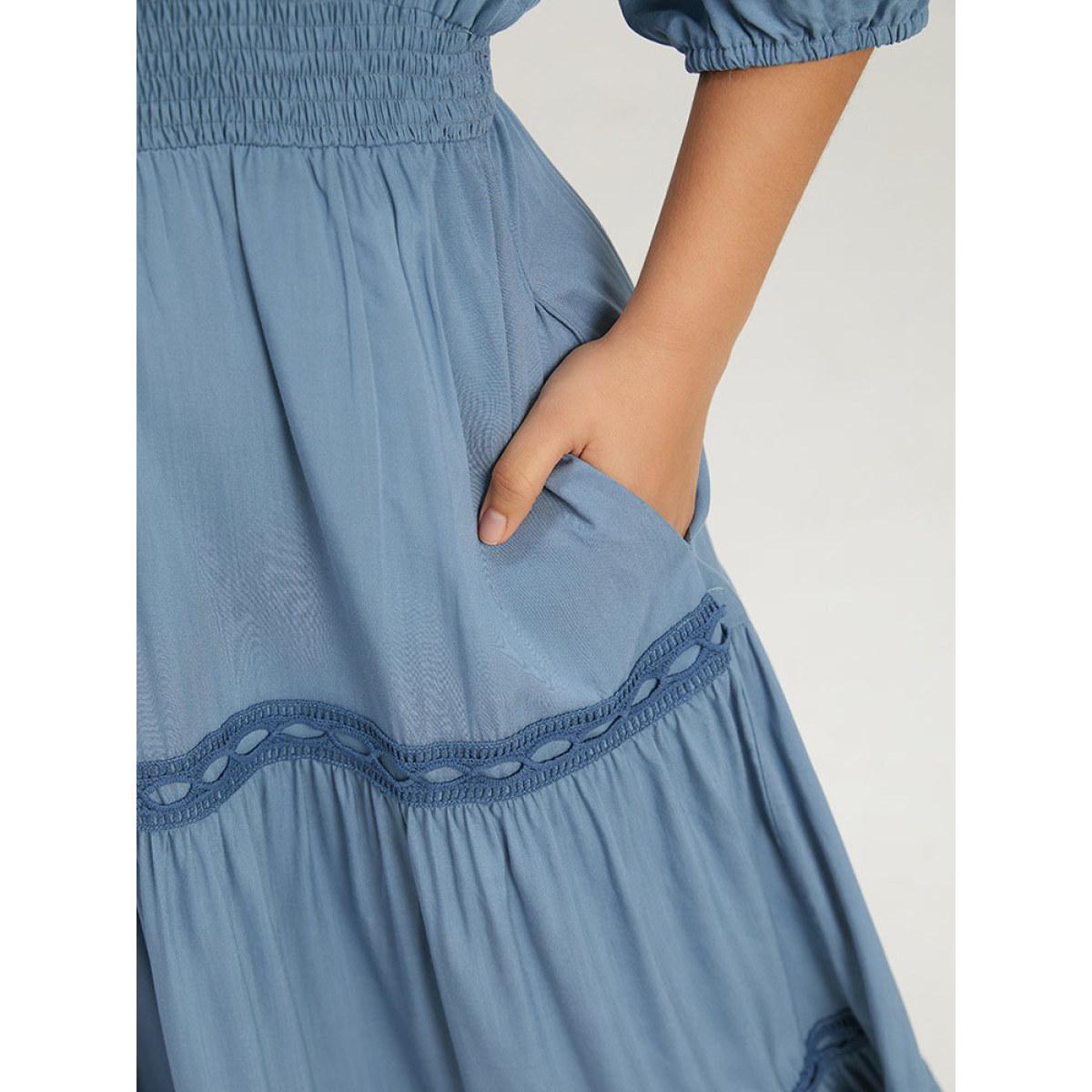 Plus Size Solid Shirred Stitch Layered Hem Ties Dress Stone Women Office Elastic cuffs Tie Neck Half Sleeve Curvy Midi Dress BloomChic 18-20/2X Product Image