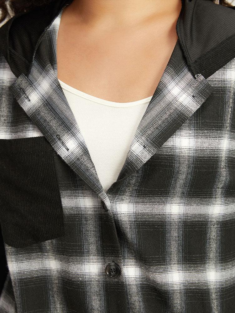 Plaid Hooded Patched Pocket Button Up Patchwork Coat Female Product Image