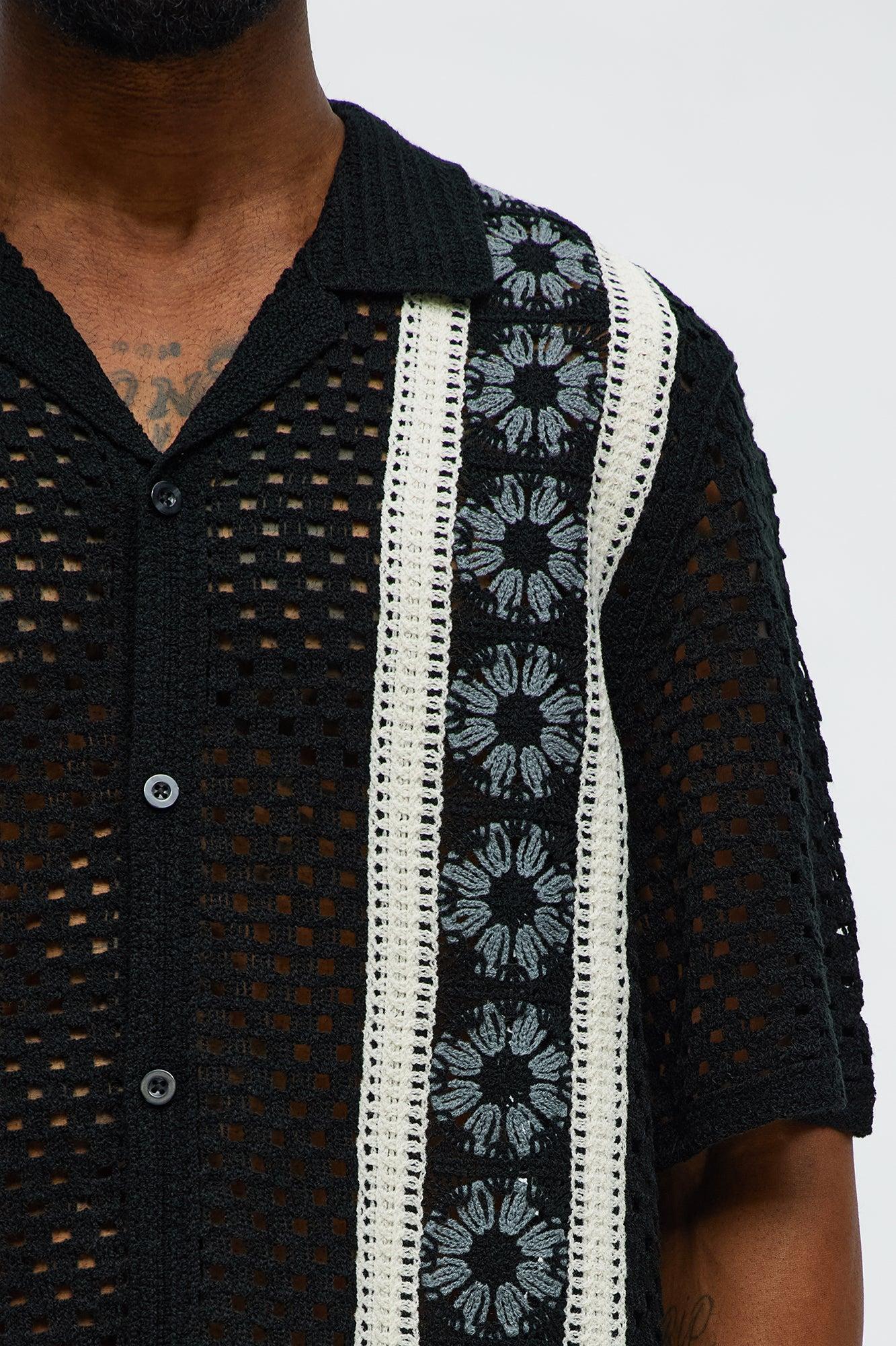 Crochet Panel Cuban Collar Button Up Shirt - Black/combo Male Product Image