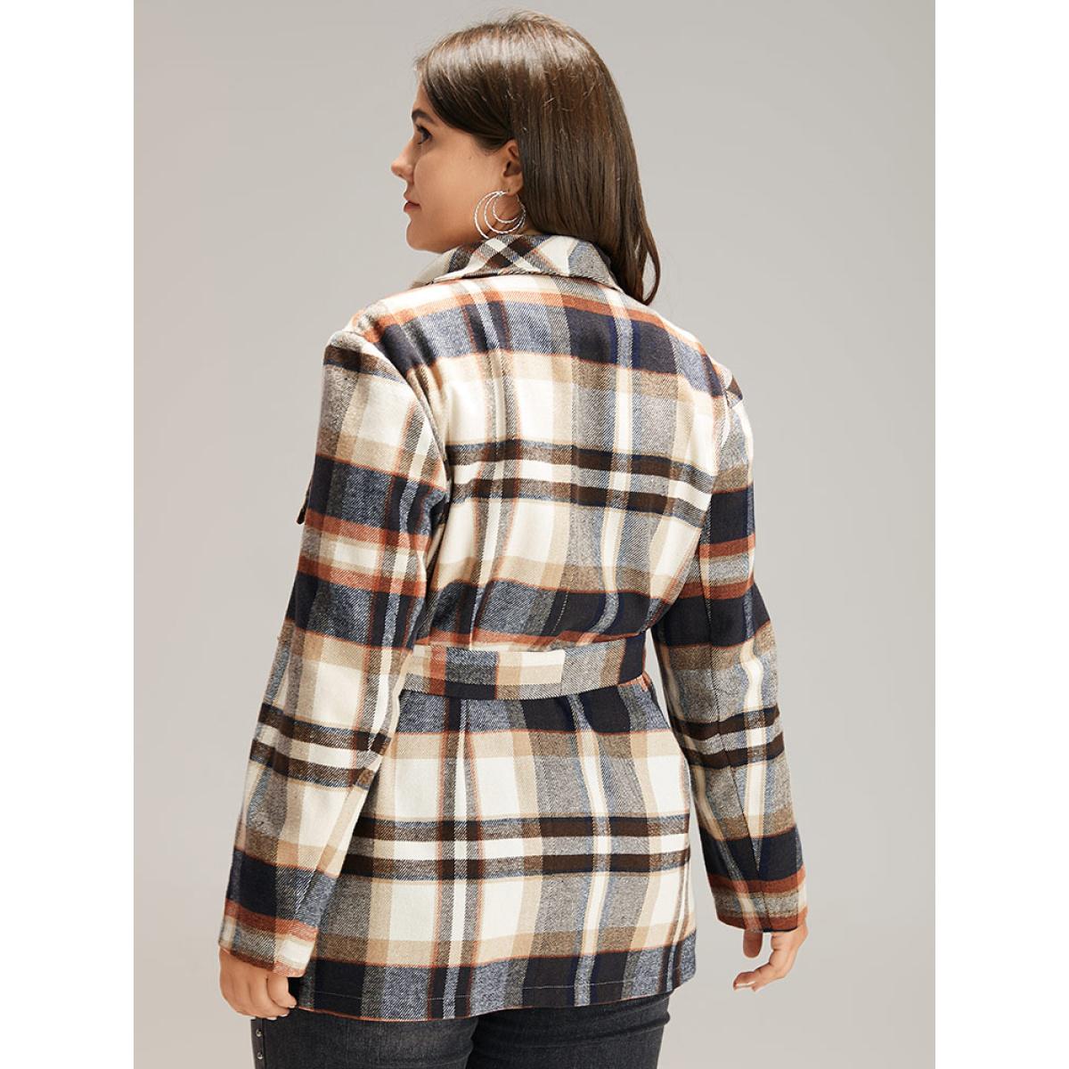 Plus Size Plaid Belted Lapel Collar Pocket Coat Women Tan Casual Belted Ladies Dailywear Winter Coats BloomChic 28/5X Product Image