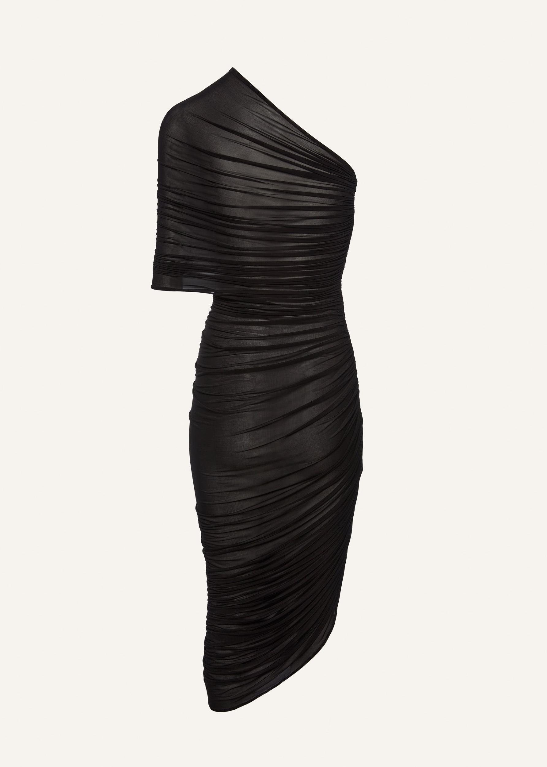 One shoulder draped midi dress in black Product Image