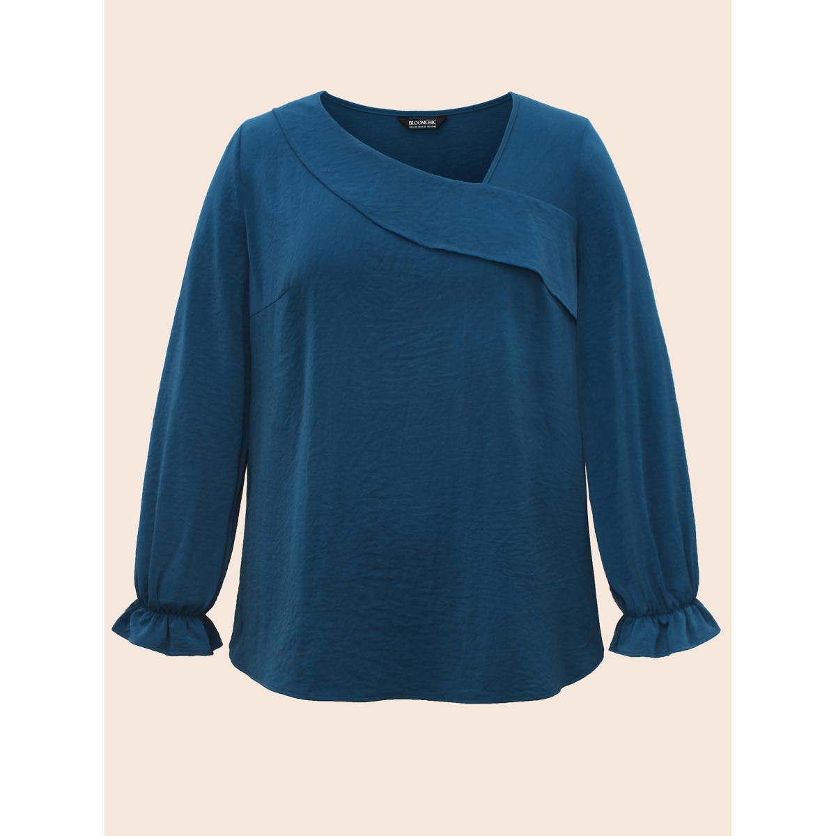 Plus Size Aegean Plain Textured Asymmetrical Neck Ruffles Blouse Women Elegant Long Sleeve Asymmetrical Neck Everyday Blouses BloomChic 14-16/1X Product Image