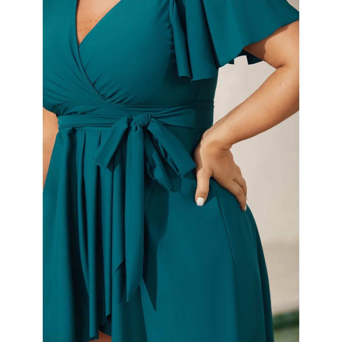 Plus Size Belted Lotus Leaf Sleeve Swim Dress Women's Swimwear Teal Beach Bodycon Overlap Collar High stretch Curve Swim Dresses BloomChic 28/5X Product Image