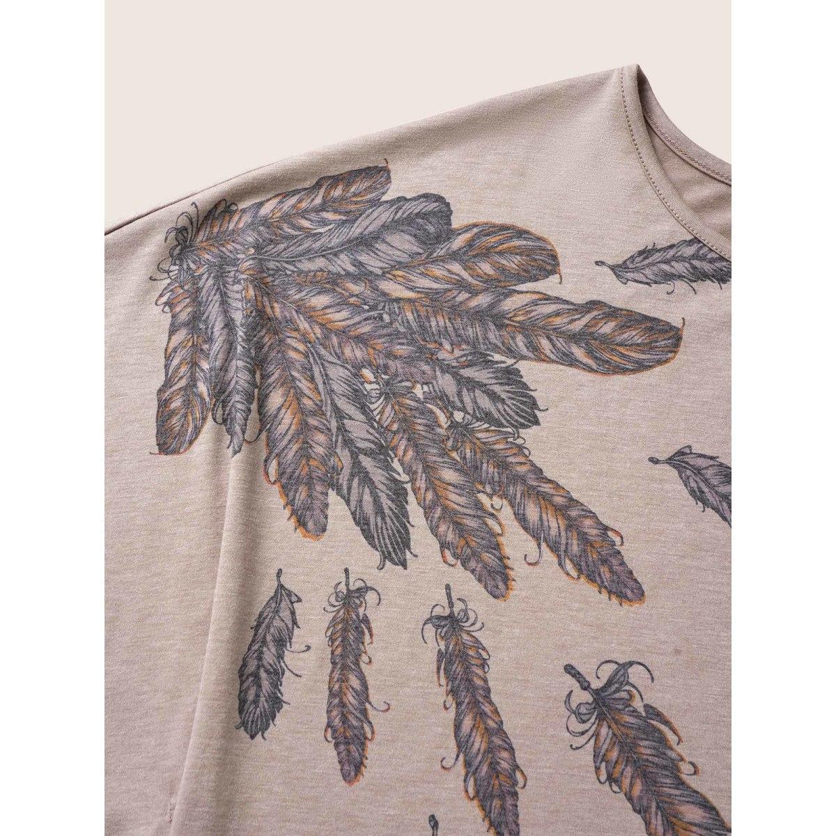 Plus Size Feather Print Batwing Sleeve T-shirt Champagne Women Casual Non Feather Round Neck Everyday T-shirts BloomChic 14-16/1X Product Image