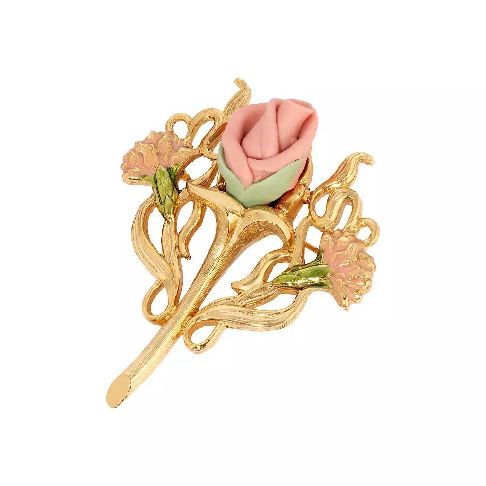 1928 Gold Tone Pink & Green Porcelain Rose Pin, Womens Product Image