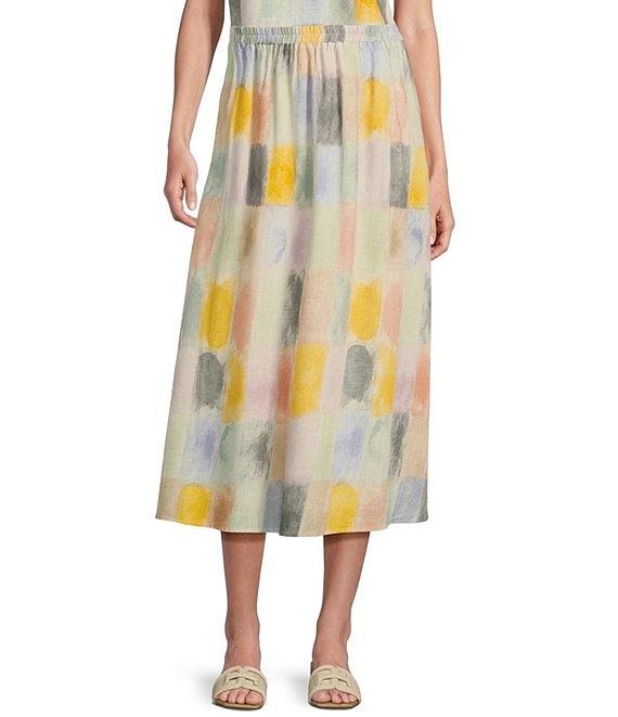 Sadie & Sage Linen Water Color Print Elastic Waist Coordinating Midi Skirt Product Image