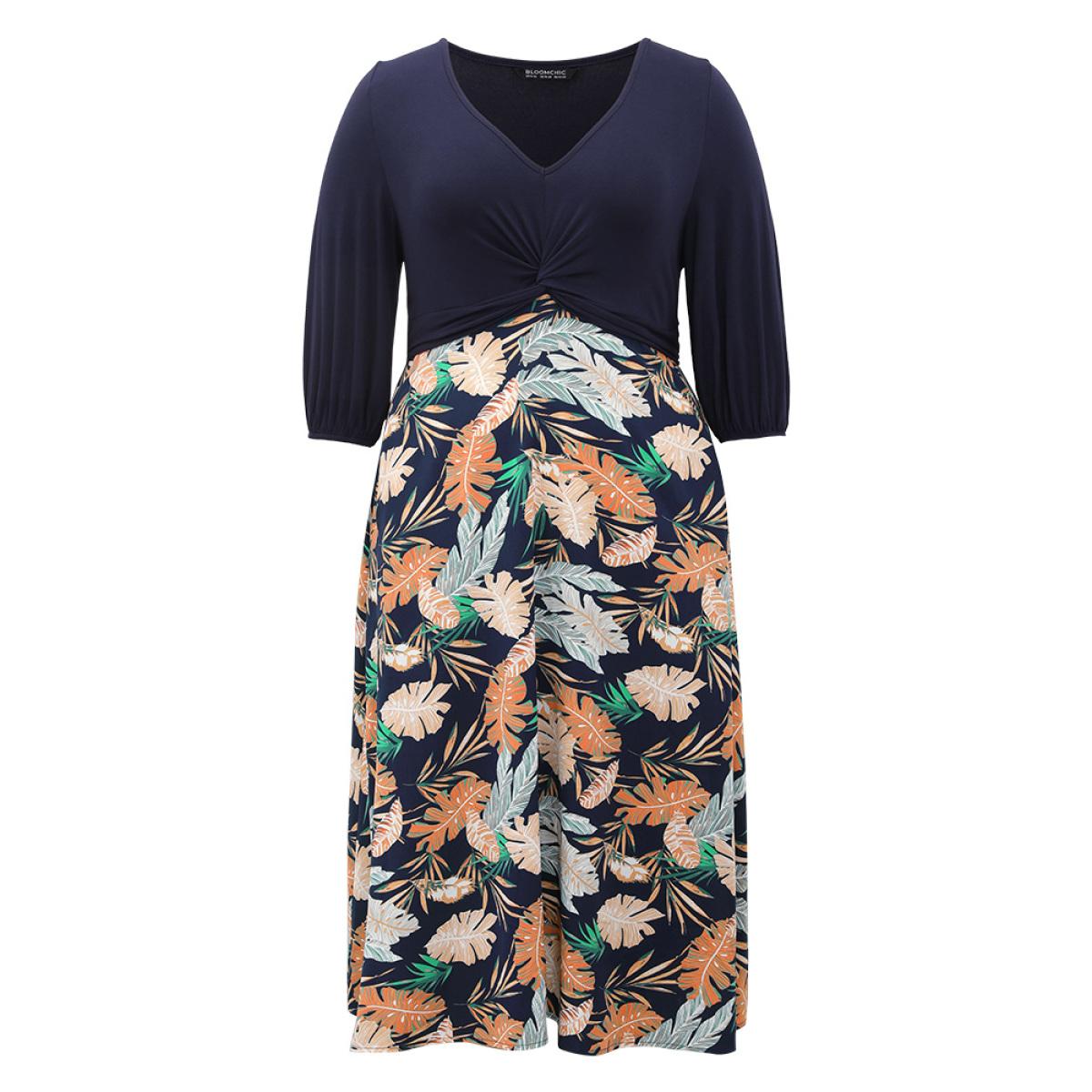 Plus Size Plants Print Patchwork Twist Front Pocket Dress DarkBlue Women Vacation Elastic cuffs V-neck Half Sleeve Curvy Midi Dress BloomChic 14-16/1X Product Image