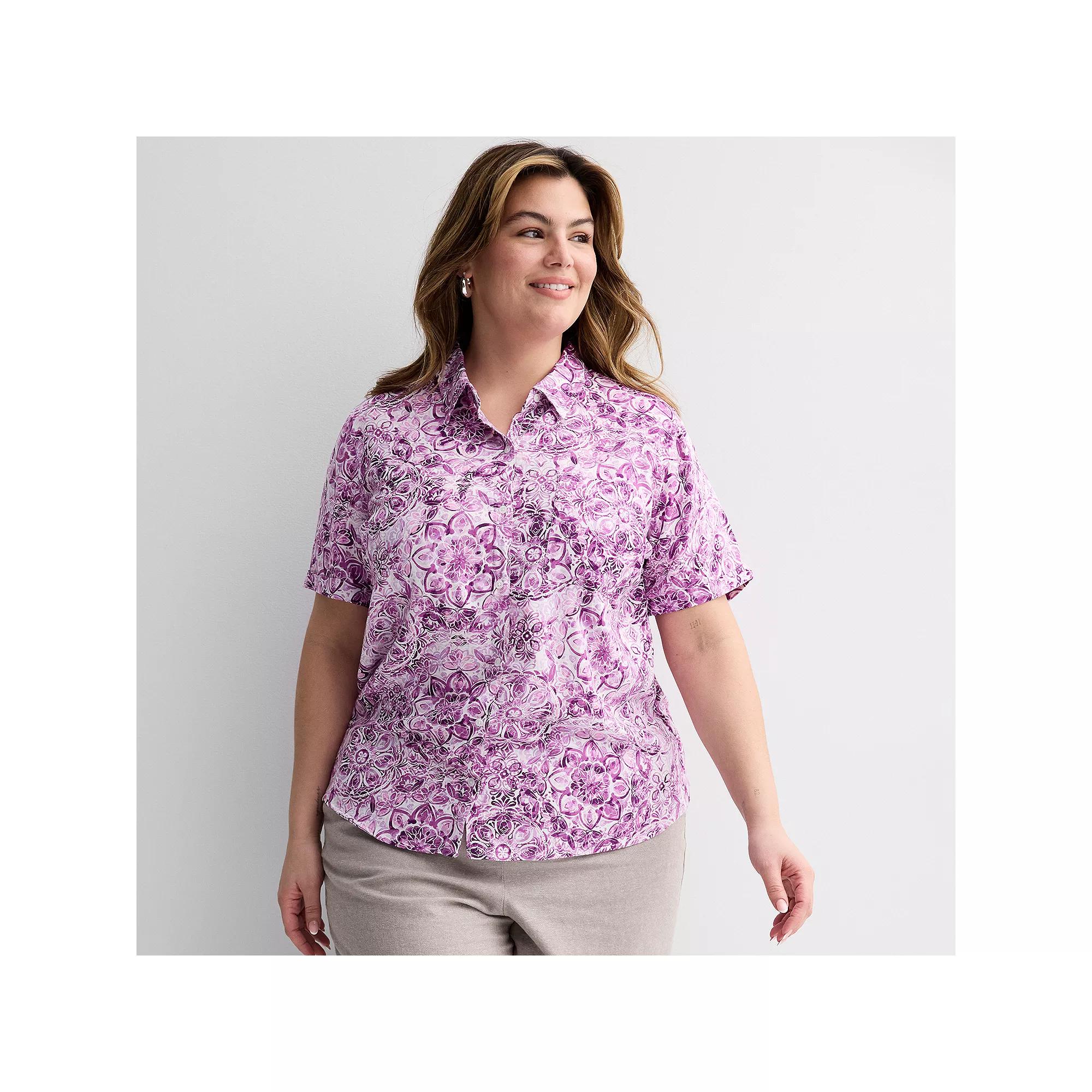 Plus Size Croft & Barrow® Camp Shirt, Women's, Size: 5XL, Purple Watercolor Tile Product Image
