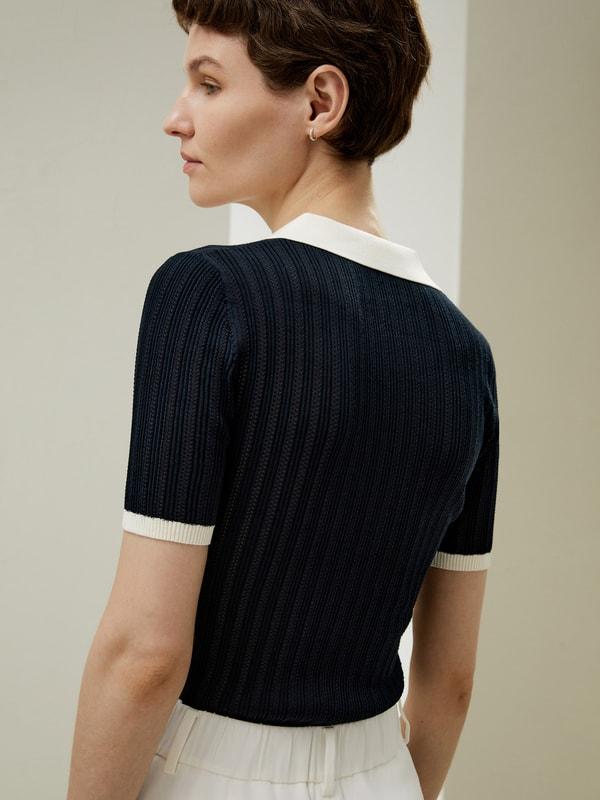 V Neck Ribbed Silk Knit Top Product Image