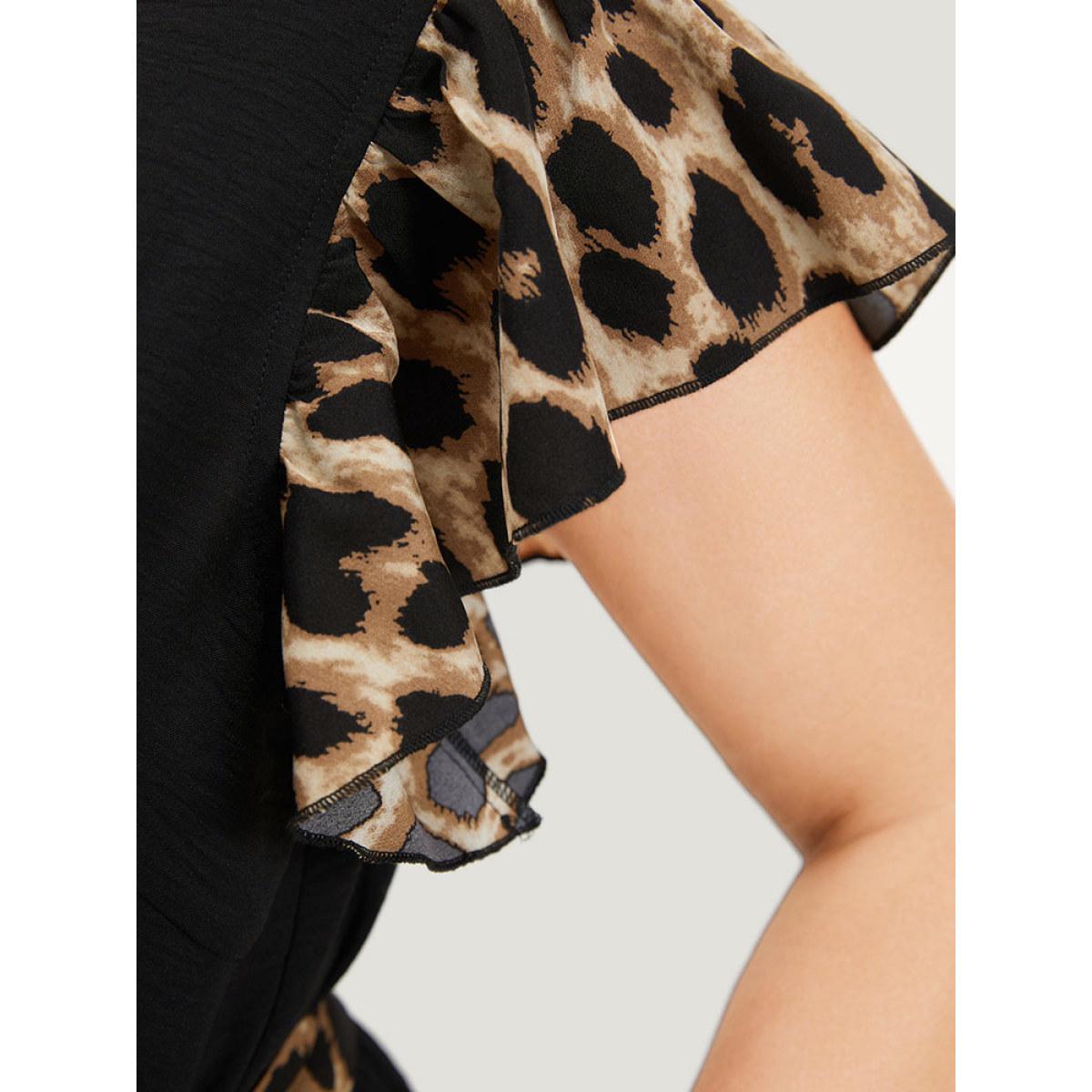 Plus Size DarkBlue Leopard Patchwork Pocket Belted Ruffle Sleeve Jumpsuit Women Office Sleeveless Round Neck Office Loose Jumpsuits BloomChic 30/6X Product Image