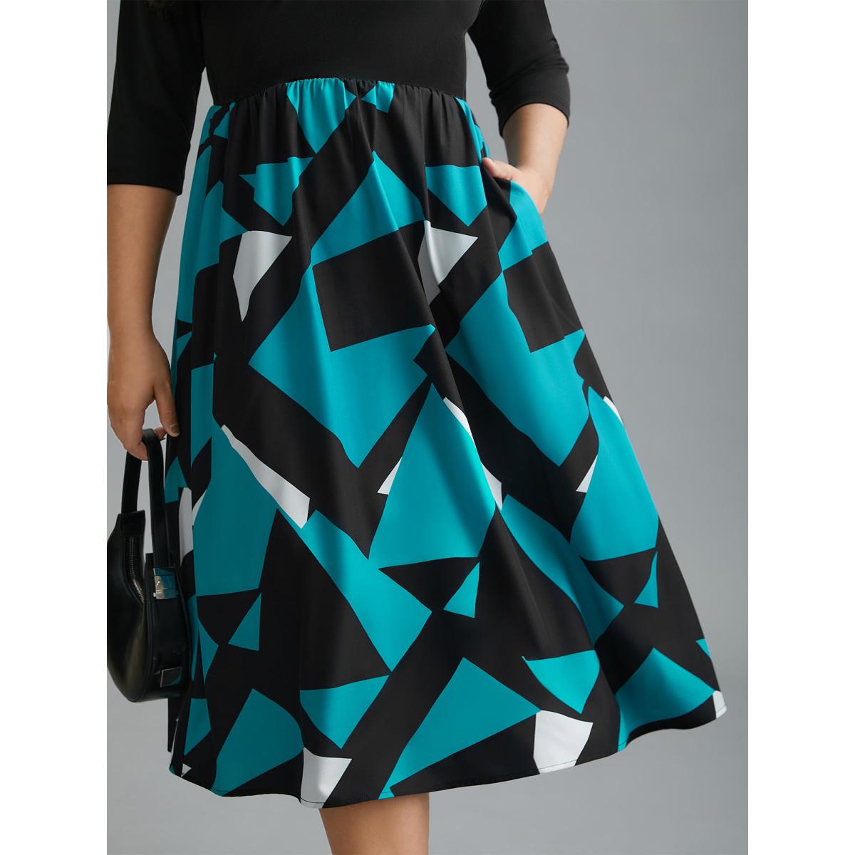Plus Size V-Neck Geometric Color Contrast Dress Black Women At the Office Patchwork V-neck Elbow-length sleeve Curvy BloomChic 14-16/1X Product Image