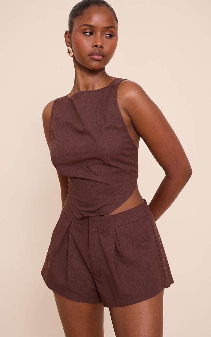 Dark Brown Linen Look Woven Tailored Shorts Product Image
