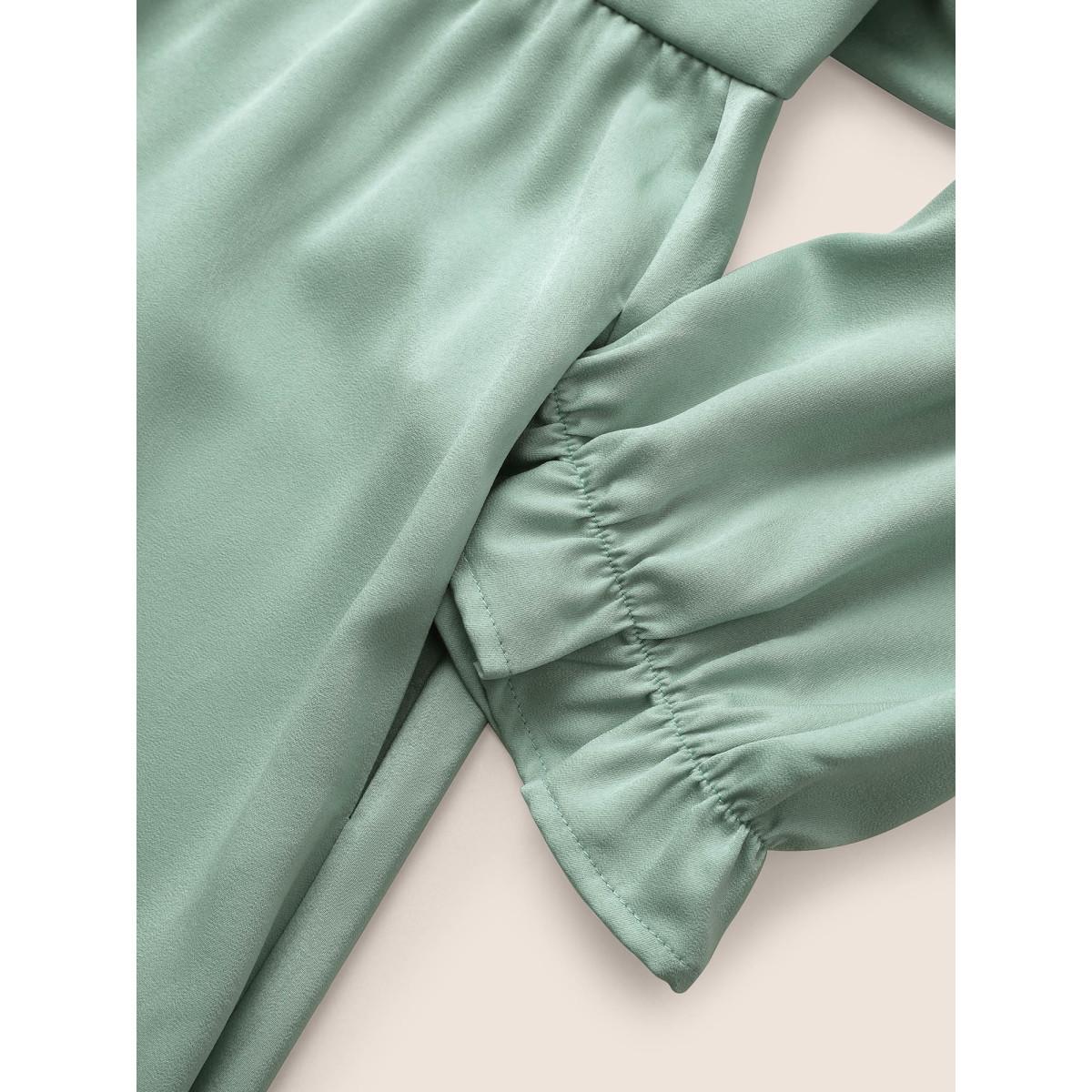 Plus Size Plain Ruffles Button Detail Split Front Satin Dress Turquoise Women Elegant Non V-neck Elbow-length sleeve Curvy Midi Dress BloomChic 28/5X Product Image