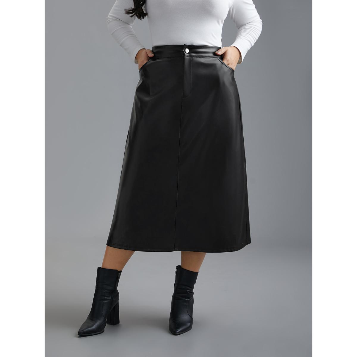 Plus Size PU Leather Elastic Waist Split Hem Skirt Women Black Elegant Slit Low stretch Slanted pocket Everyday Skirts BloomChic 28/5X Product Image