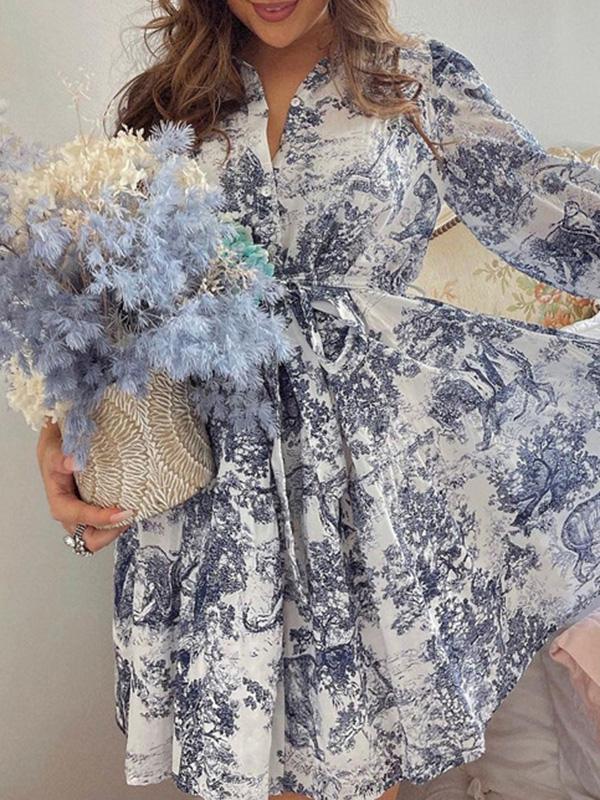 Loose Puff Sleeves Pleated Printed Split-Joint Tied Waist Lapel Mini Dresses Shirt Dress Product Image
