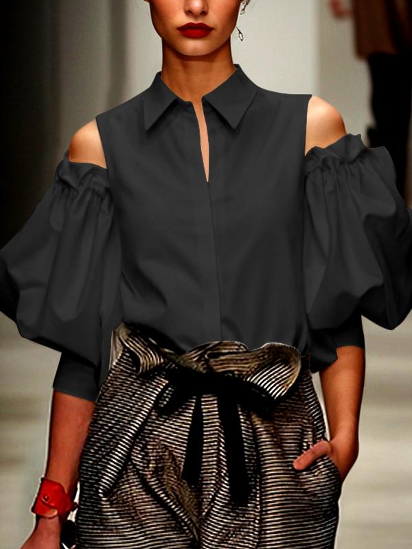 Long Sleeves Loose Pleated Solid Color Cold Shoulder Blouses&Shirts Tops Product Image