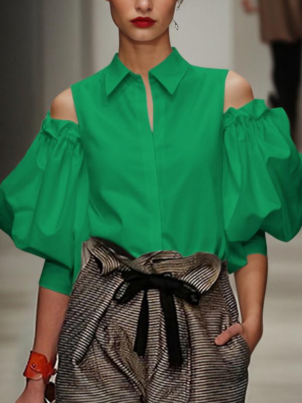 Long Sleeves Loose Pleated Solid Color Cold Shoulder Blouses&Shirts Tops Product Image
