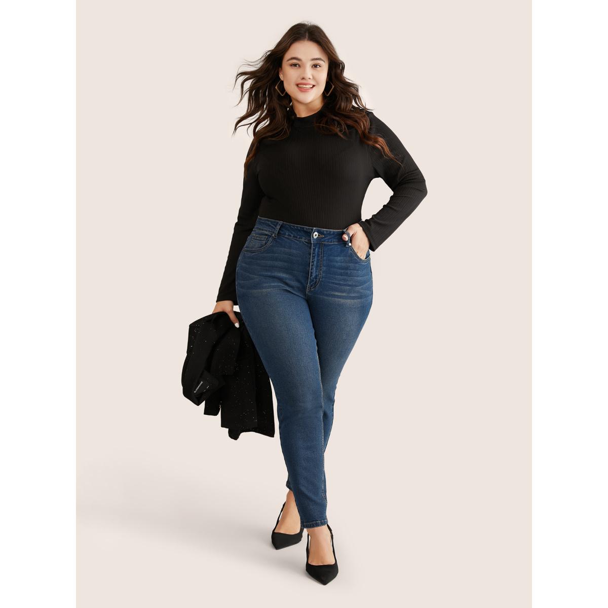 Plus Size Very Stretchy High Rise Zipper Fly Skinny Jeans Women Blue Casual Plain Non High stretch Slanted pocket Jeans BloomChic 28/5X Product Image