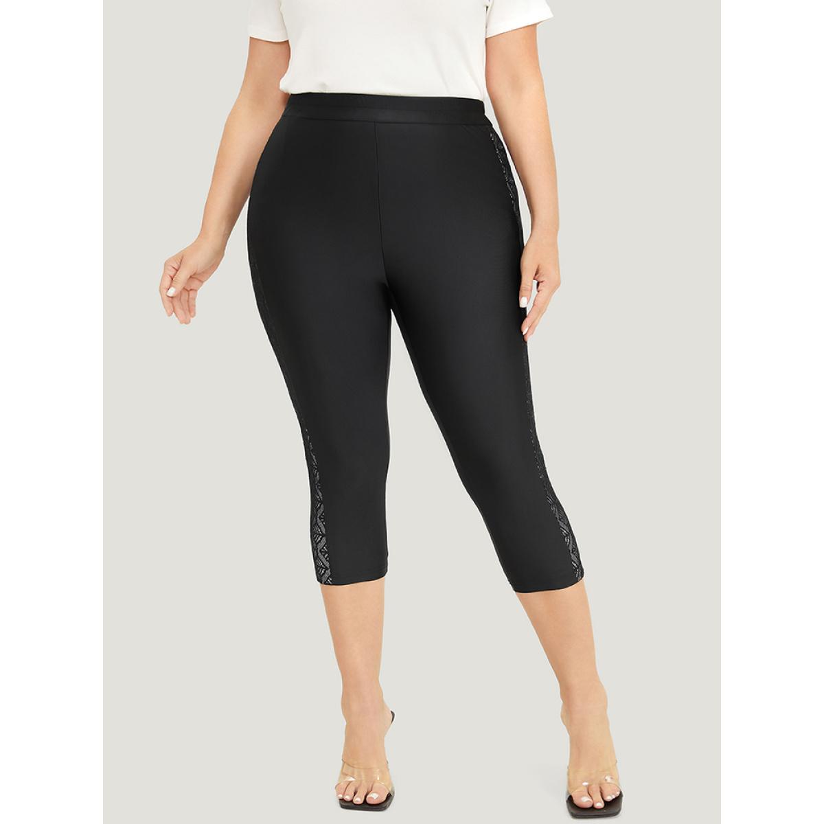 Plus Size Solid Crochet Lace High Rise Cropped Leggings Women Black Elegant High stretch Bodycon High Rise Dailywear Leggings BloomChic 14-16/1X Product Image