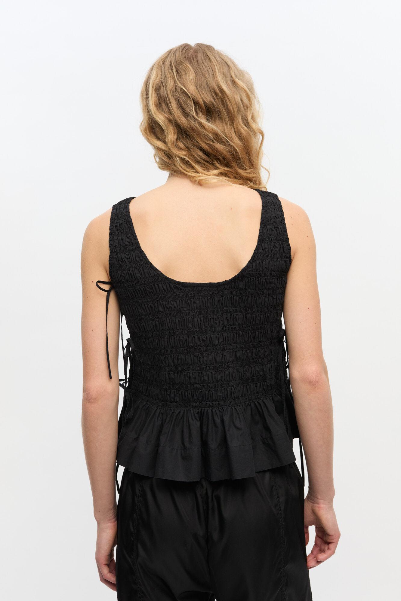 Black Cotton Smock Tie Top Product Image