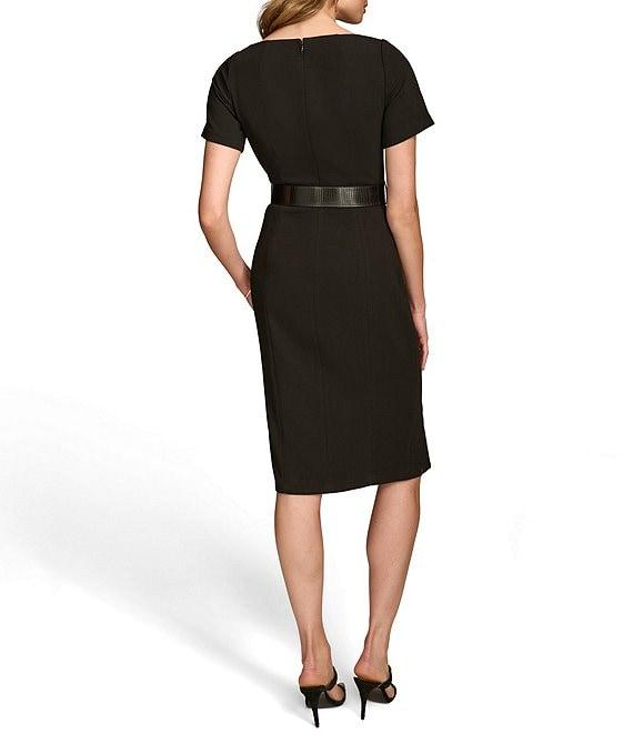 Donna Karan Solid Cady Crepe V-Neck Short Sleeves Belted Sheath Dress Product Image