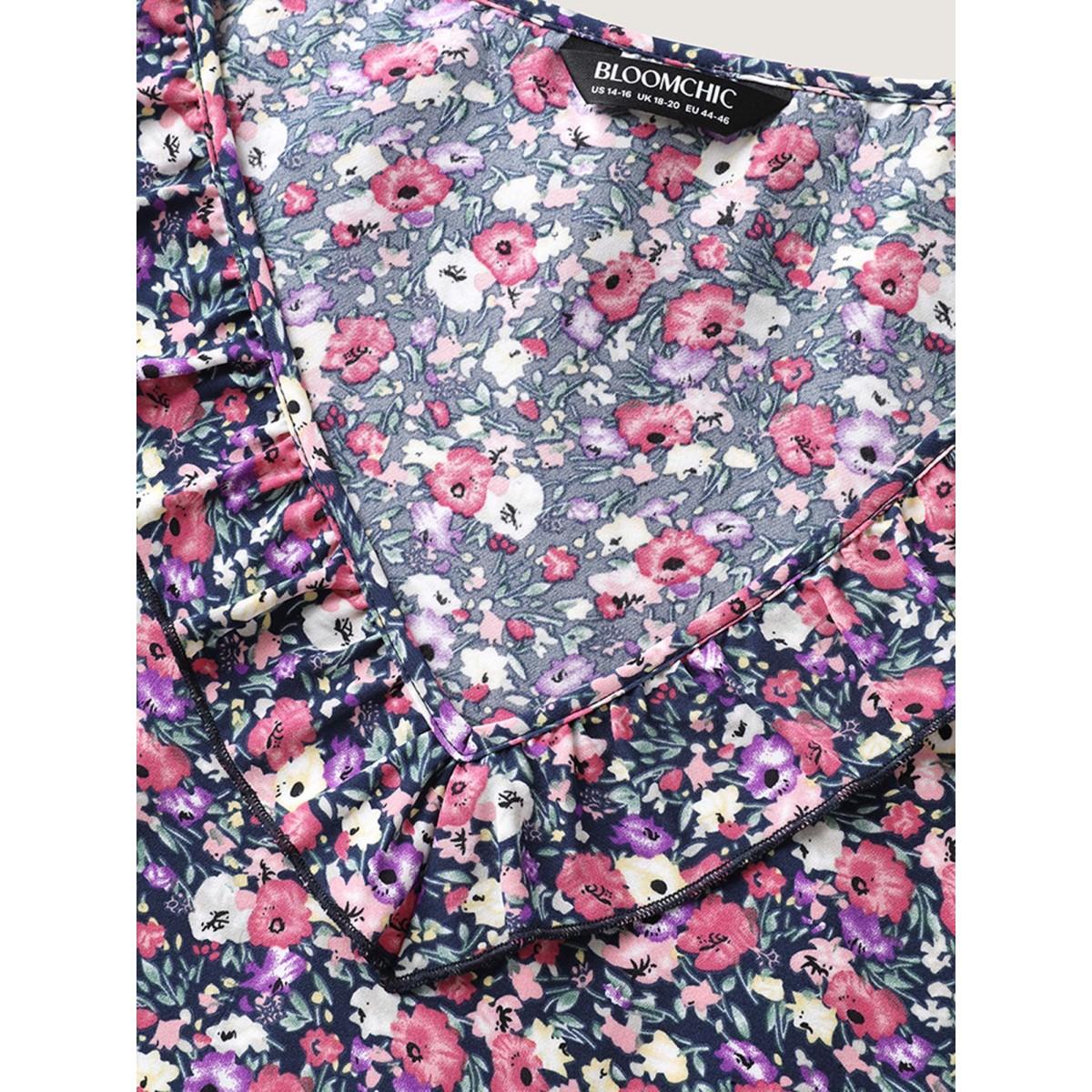 Plus Size Floral Print Lotus Neck Tank Top Women Indigo Timeless Ruffles V-neck Elegant Tank Tops Camis BloomChic 14-16/1X Product Image